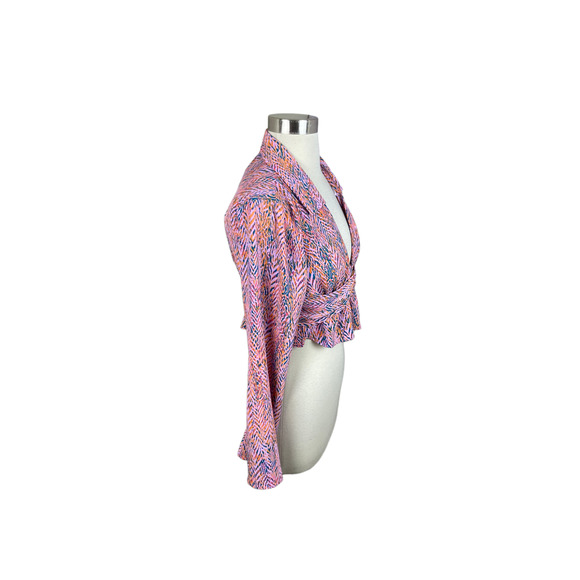 Zara NEW Orange Pink Green Printed Stripe Crop Blouse w/ Wooden Buckle Size S - Picture 2 of 4